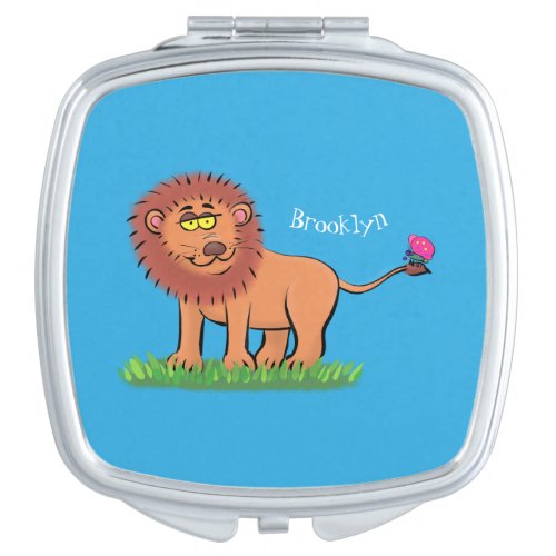 Happy lion with butterfly cartoon illustration compact mirror