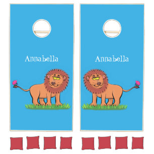 Happy lion with butterfly cartoon illustration cornhole set