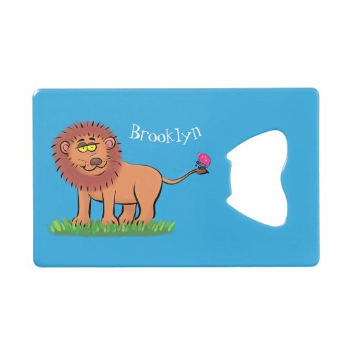 Happy lion with butterfly cartoon illustration credit card bottle opener