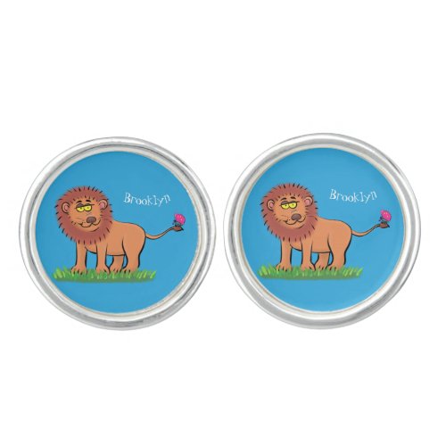 Happy lion with butterfly cartoon illustration cufflinks