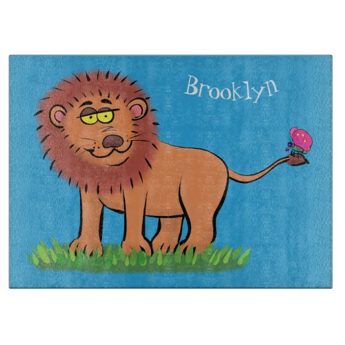 Happy lion with butterfly cartoon illustration cutting board