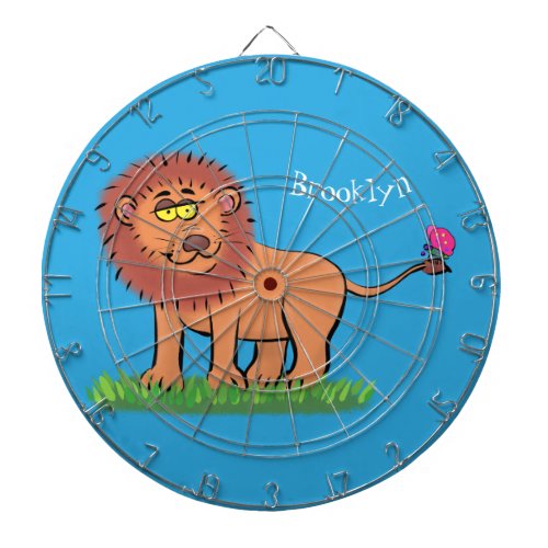 Happy lion with butterfly cartoon illustration dart board