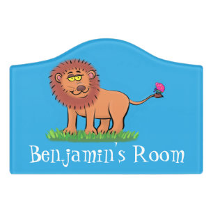 Happy lion with butterfly cartoon illustration door sign