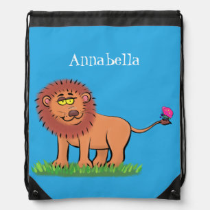 Happy lion with butterfly cartoon illustration drawstring bag