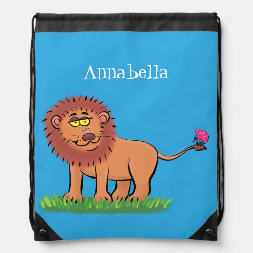 Happy lion with butterfly cartoon illustration drawstring bag