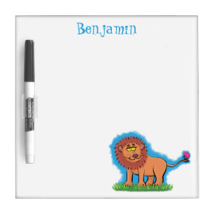 Happy lion with butterfly cartoon illustration dry erase board