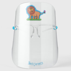 Happy lion with butterfly cartoon illustration face shield