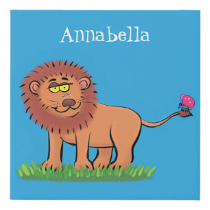 Happy lion with butterfly cartoon illustration faux canvas print