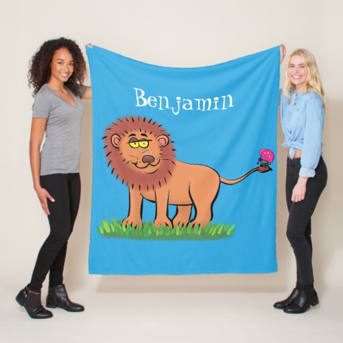 Happy lion with butterfly cartoon illustration fleece blanket