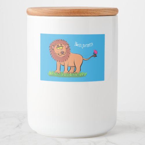 Happy lion with butterfly cartoon illustration food label