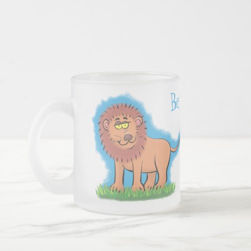 Happy lion with butterfly cartoon illustration frosted glass coffee mug