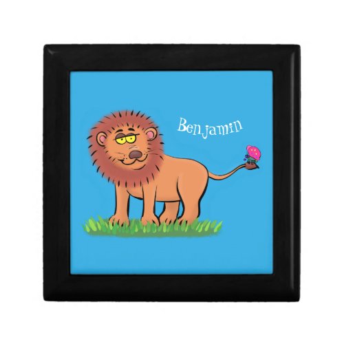 Happy lion with butterfly cartoon illustration gift box