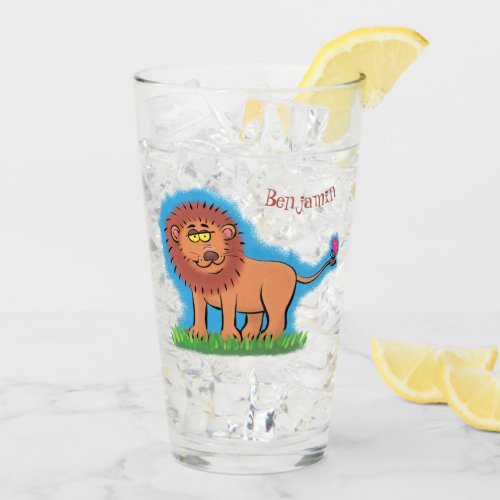 Happy lion with butterfly cartoon illustration glass