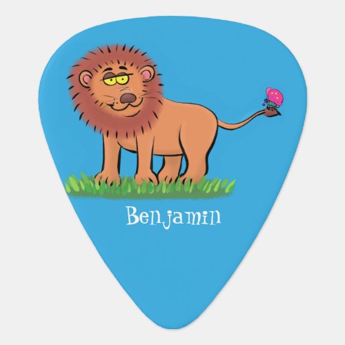 Happy lion with butterfly cartoon illustration guitar pick