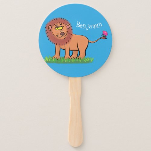 Happy lion with butterfly cartoon illustration hand fan