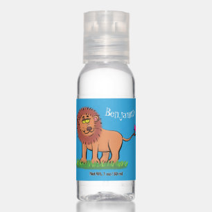 Happy lion with butterfly cartoon illustration hand sanitizer