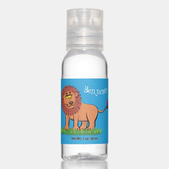 Happy lion with butterfly cartoon illustration hand sanitizer (Front)