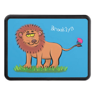 Happy lion with butterfly cartoon illustration hitch cover