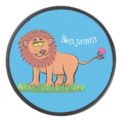 Happy lion with butterfly cartoon illustration hockey puck