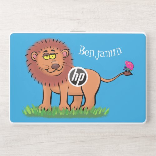 Happy lion with butterfly cartoon illustration HP laptop skin