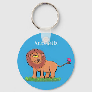 Happy lion with butterfly cartoon illustration keychain