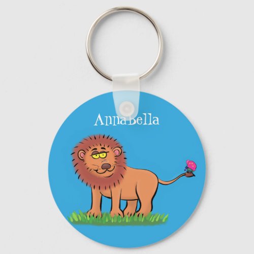 Happy lion with butterfly cartoon illustration keychain