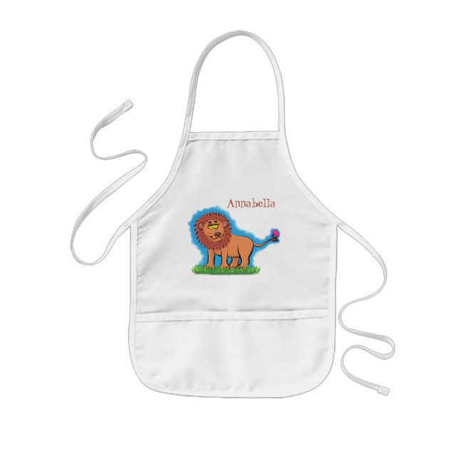 Happy lion with butterfly cartoon illustration kids' apron (Front)