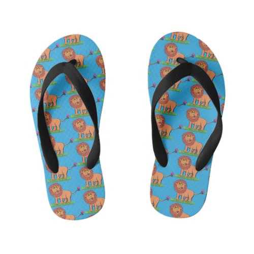 Happy lion with butterfly cartoon illustration kids flip flops