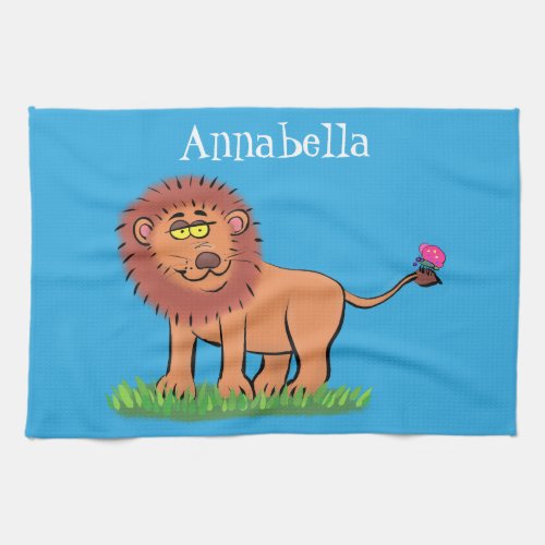 Happy lion with butterfly cartoon illustration kitchen towel