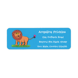 Happy lion with butterfly cartoon illustration label