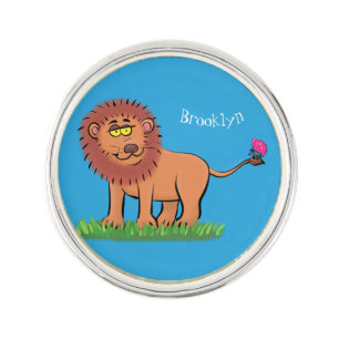 Happy lion with butterfly cartoon illustration lapel pin