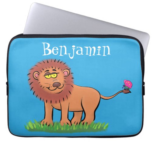 Happy lion with butterfly cartoon illustration laptop sleeve