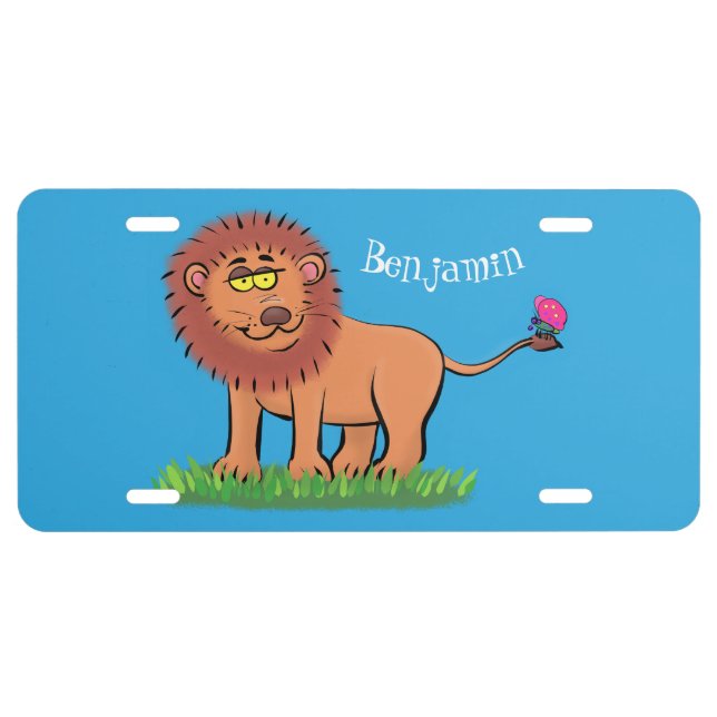 Happy lion with butterfly cartoon illustration  license plate (Front)