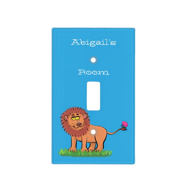 Happy lion with butterfly cartoon illustration  light switch cover (Front)
