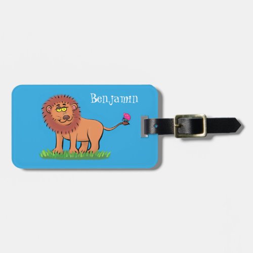 Happy lion with butterfly cartoon illustration luggage tag