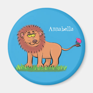 Happy lion with butterfly cartoon illustration magnet