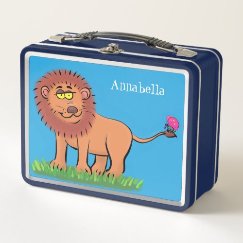 Happy lion with butterfly cartoon illustration metal lunch box