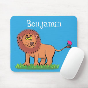 Happy lion with butterfly cartoon illustration mouse pad