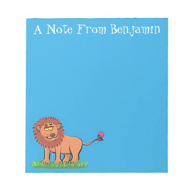Happy lion with butterfly cartoon illustration notepad (Front)