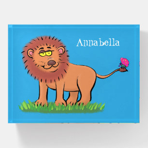 Happy lion with butterfly cartoon illustration paperweight