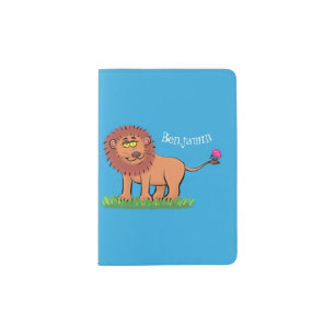 Happy lion with butterfly cartoon illustration passport holder
