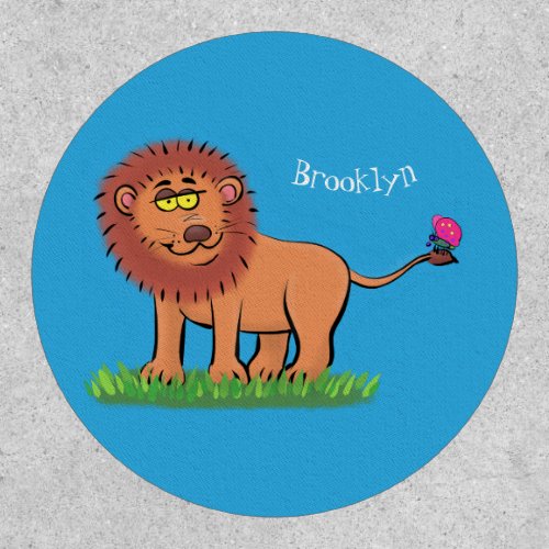 Happy lion with butterfly cartoon illustration patch