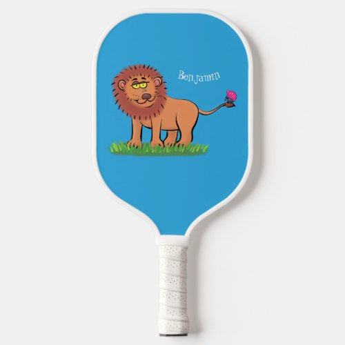 Happy lion with butterfly cartoon illustration pickleball paddle