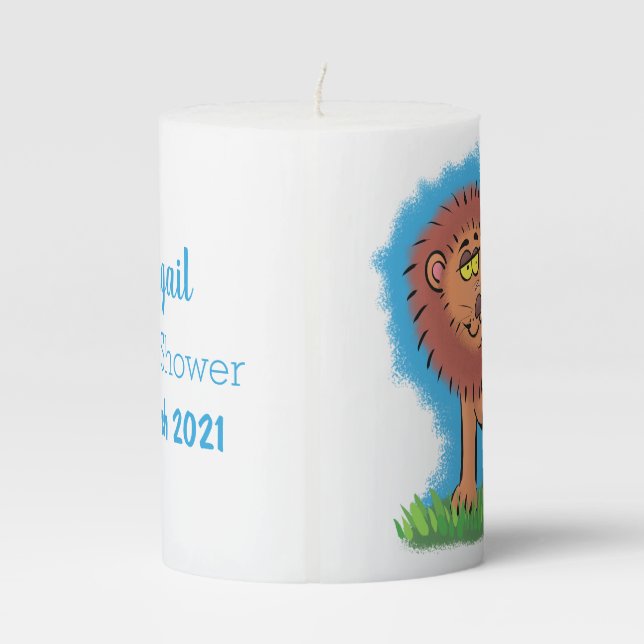 Happy lion with butterfly cartoon illustration pillar candle (Back)