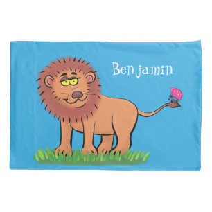 Happy lion with butterfly cartoon illustration pillow case