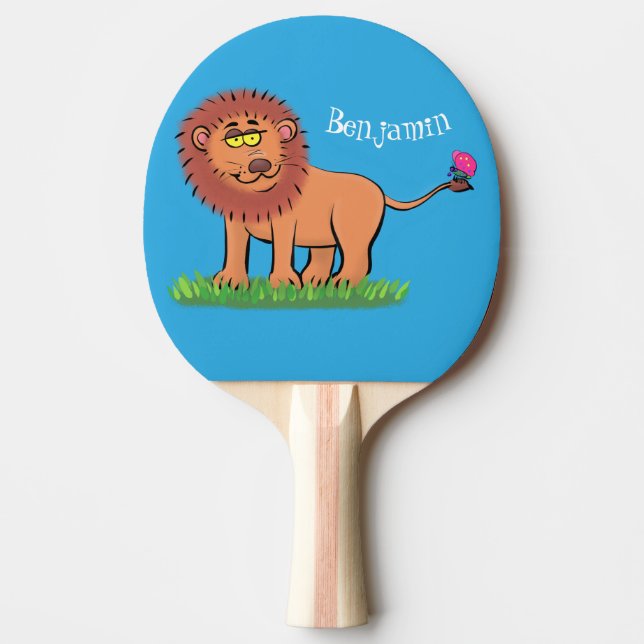Happy lion with butterfly cartoon illustration ping pong paddle (Front)