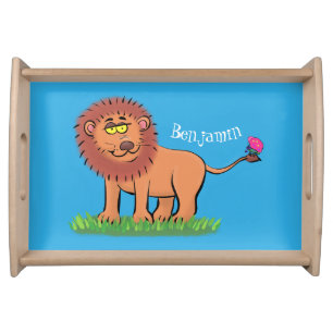 Happy lion with butterfly cartoon illustration serving tray