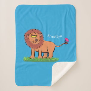 Happy lion with butterfly cartoon illustration sherpa blanket
