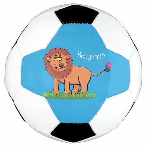Happy lion with butterfly cartoon illustration soccer ball