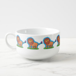 Happy lion with butterfly cartoon illustration soup mug